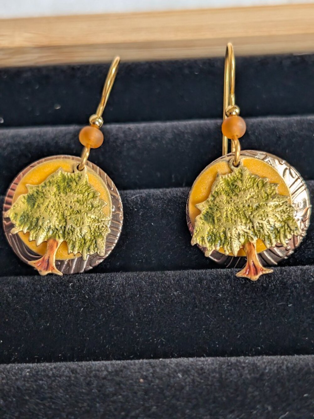 Artisinal Multidisc Textured Hanging Hammered Painted Enamel Tree Earrings